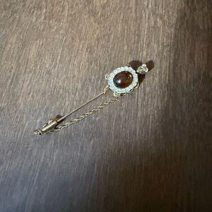 Turtle Stick Pin Jelly Belly Faux Amber Rhinestone Vintage 2.5"